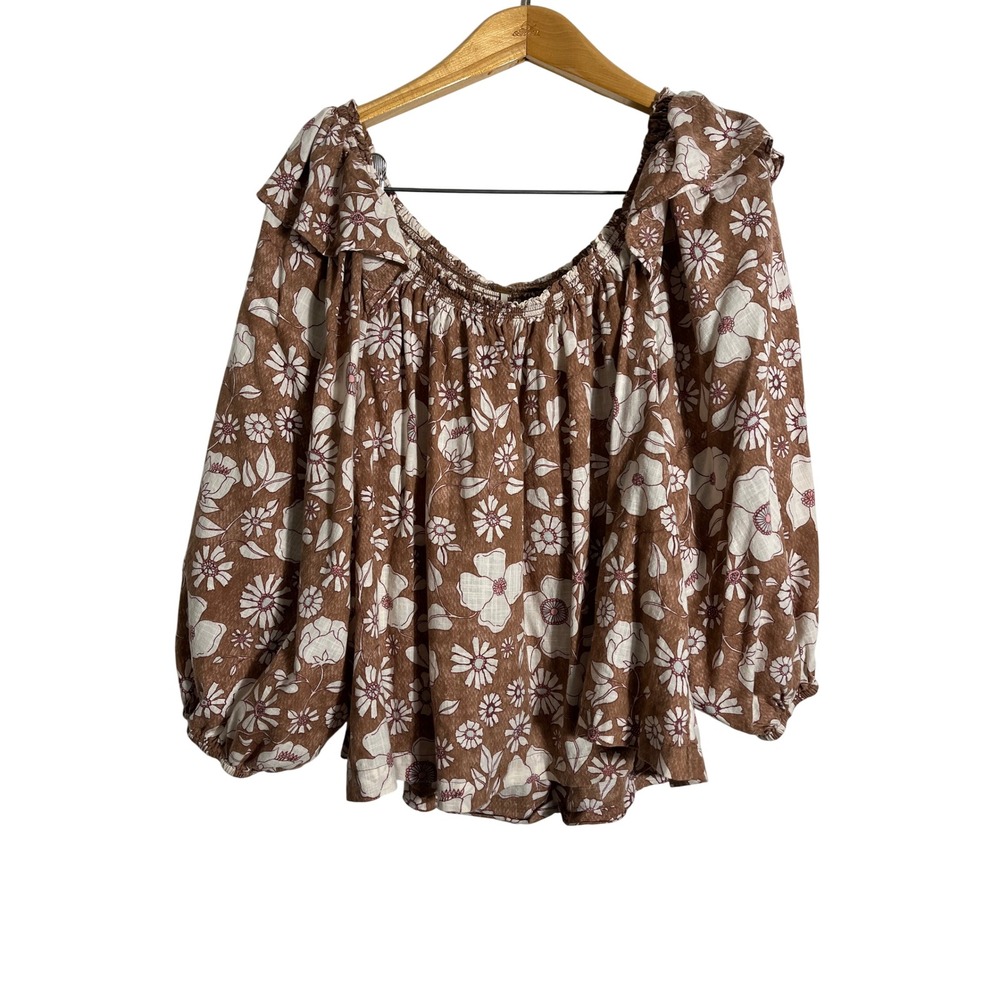 FREE PEOPLE Miss Daisy Floral Off The Shoulder Cotton Peasant Blouse Printed Top - Picture 3 of 10